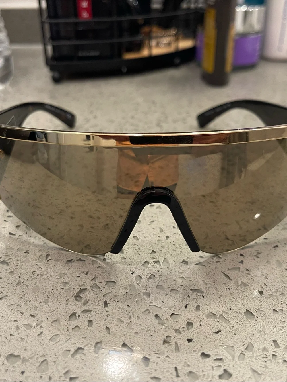 Versace Gold-Tinted Shield Sunglasses with Black Temples